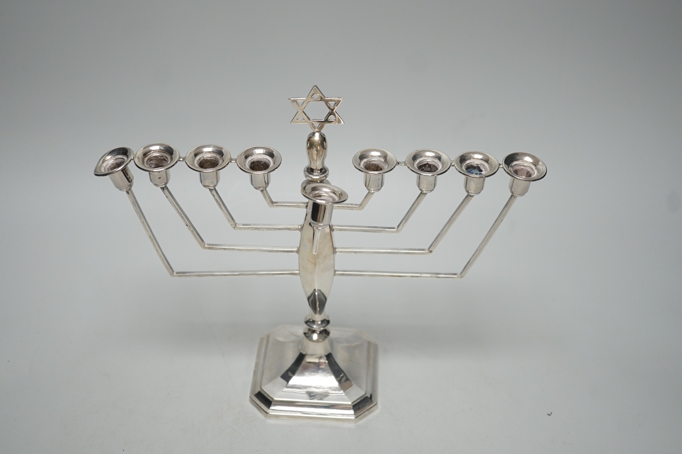 A George V silver Hanukah Menorah, Britton, Gould & Co, Birmingham, 1937, height 23.cm, 7.7oz.